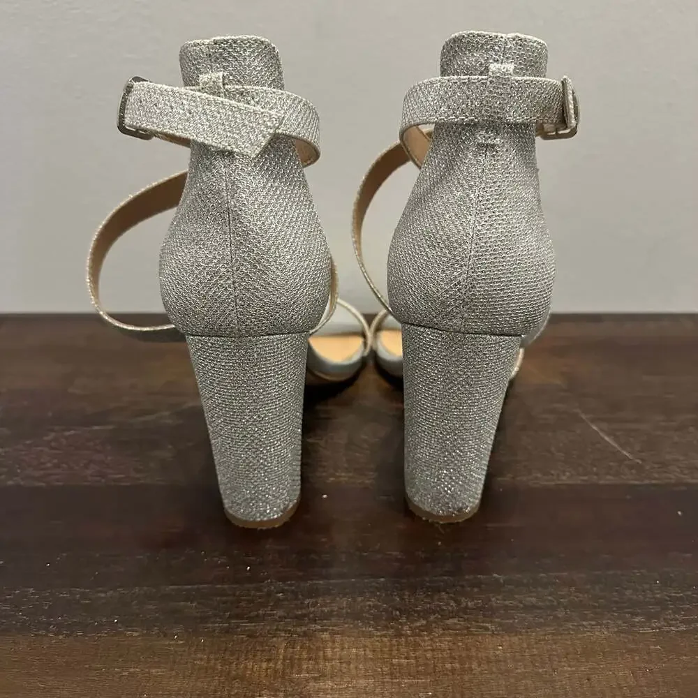 IDIFU Grace Strappy Block Heels Sandals Open Toe Cross Strap Glitter Silver US8